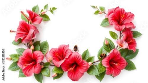 A beautifully detailed 3D render of an L-shaped corner wreath adorned with hibiscus flowers, buzzing with bees and bumblebees, exuding lifelike charm.
