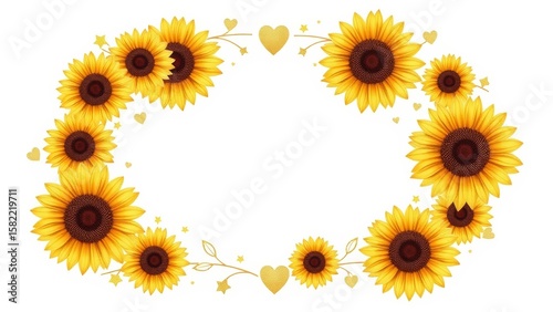 A striking circular wreath crafted from sunflowers with gold foil accents, adorned with delicate hearts and stars.