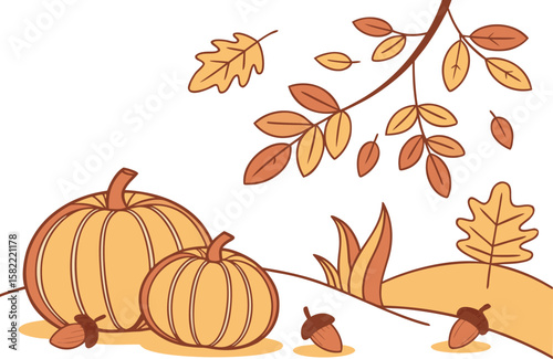 A charming autumn illustration featuring two plump pumpkins scattered acorns and falling leaves from a tree branch against a white background