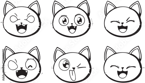 Collection of six cute cartoon cat faces with different expressions in black outline