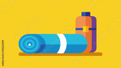 A yoga mat and a water bottle are on a yellow background. The mat is blue and the bottle is orange