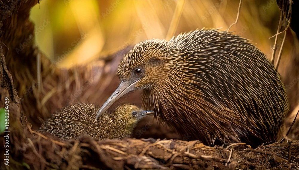 Fototapeta premium Kiwi Bird with Chick in a Nest