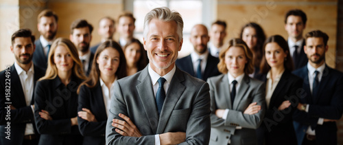 Mature male leader posing with his team, middle-aged man in a gray suit, smiling, standing in the center, surrounded by his colleagues in formal attire, arms crossed.