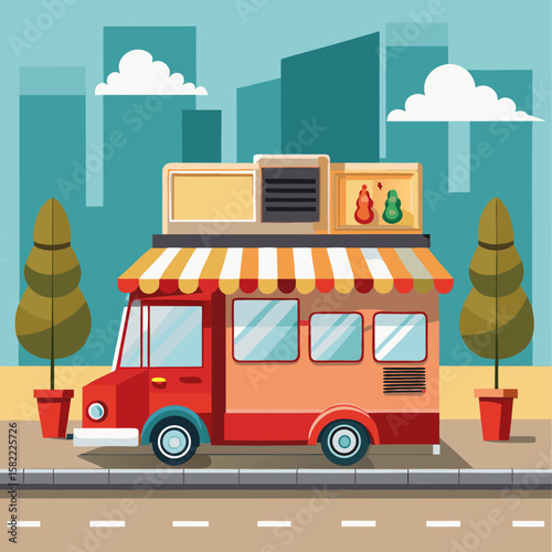 A red food truck with a red and white awning is parked on a city street. The truck is parked next to a trash can