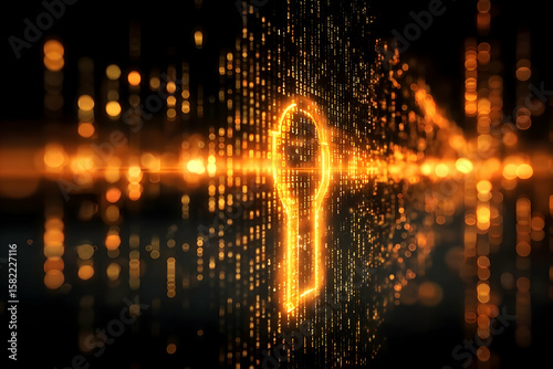 A glowing golden keyhole surrounded by digital particles, symbolizing security and the unlocking of new technological possibilities.