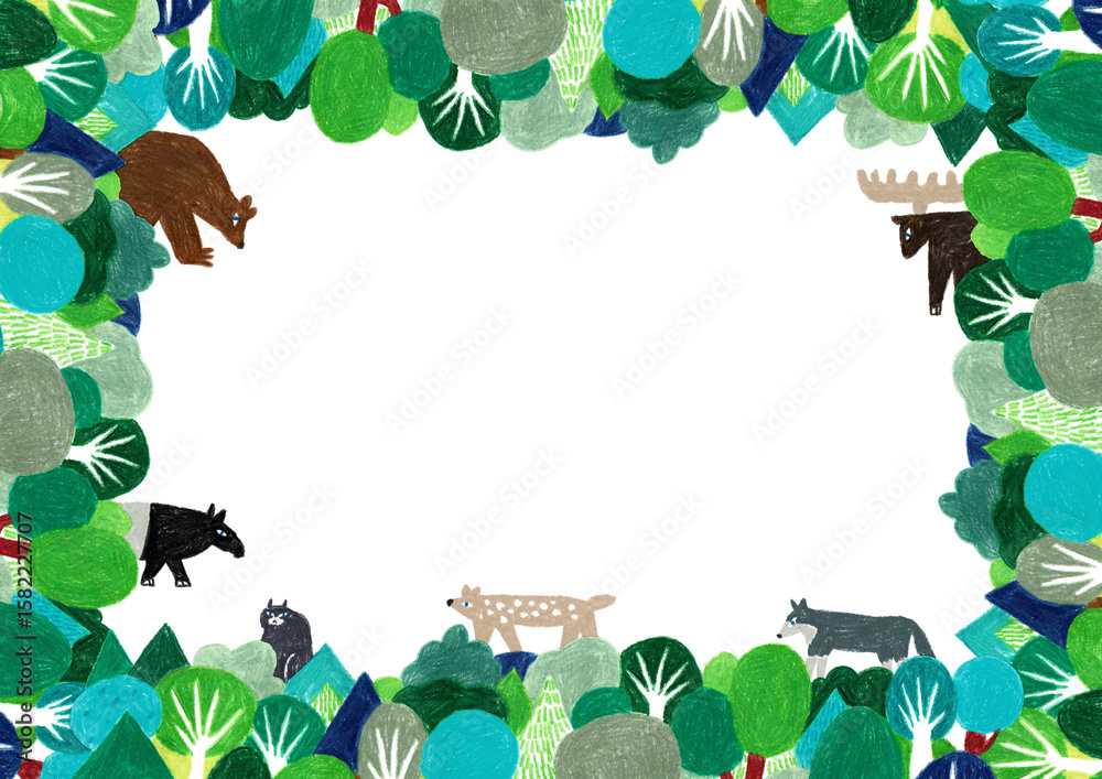 Fototapeta premium 手書きイラスト 森と動物のフレーム A3サイズ