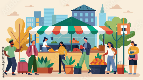 A group of people are walking down a street with a market in the background. The market is selling fruits and vegetables, and there are several potted plants and a suitcase in the scene