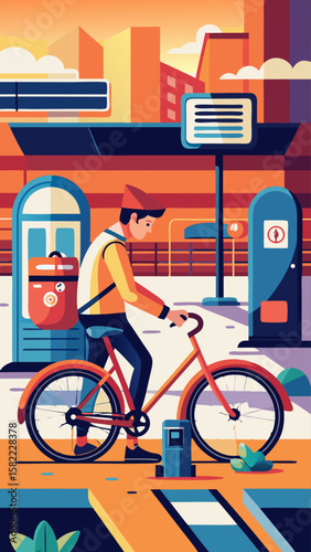 A man wearing a yellow jacket rides a bicycle past a bike rack. The bike rack has a lock on it