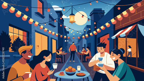 A group of people are gathered in a street, eating and socializing. The atmosphere is lively and festive, with people enjoying each other's company and the food. The street is decorated with lights
