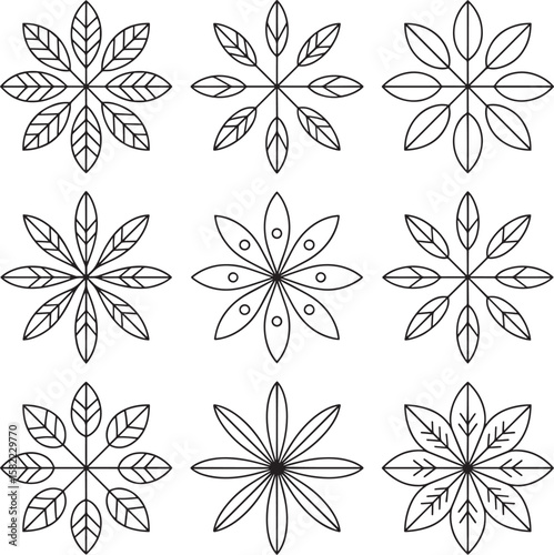 Intricate floral leaf mandalas symmetrical patterns vector
