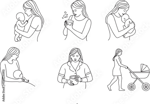 Mother baby bonding feeding stroller walk infant holding