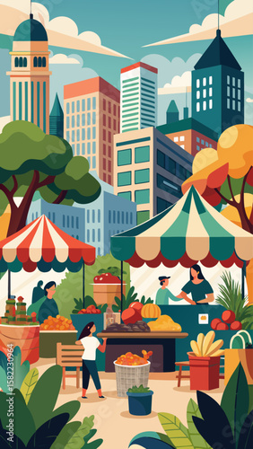 A colorful outdoor market with people shopping and a man selling vegetables. Scene is lively and bustling