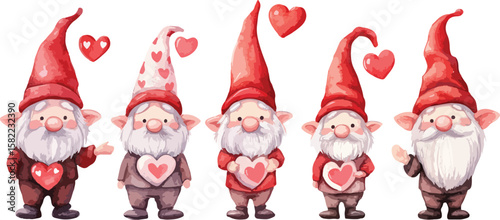 Watercolor Valentine s Day Gnomes with Hearts on White Background Illustration