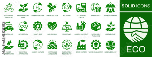 Eco icon set. Collection of ecology, biodiversity, green, solar panel, leaf and more. Vector illustration. Easily changes to any color.