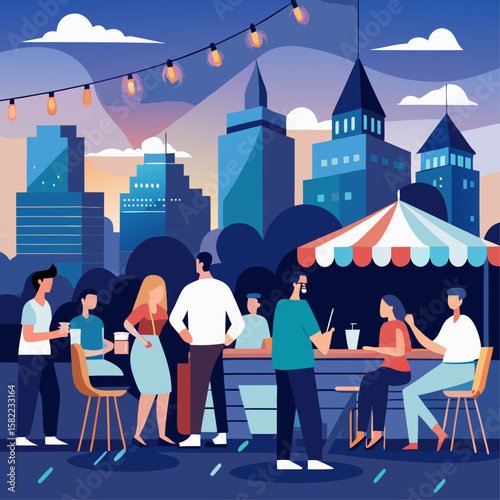 A group of people are gathered around a table in a park, enjoying each other's company. The atmosphere is lively and social, with people sitting on chairs and standing around the table