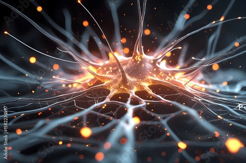 Glowing AI Neuron Cell Activating Brain Impulses