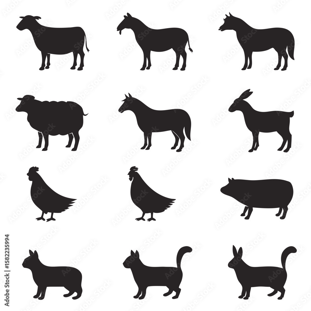 Obraz premium Black Silhouette Farm Animals Collection black fill