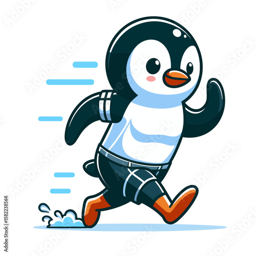 Adorable penguin character jogging in sportswear. Ideal for fitness apps, health campaigns and motivational workout content.