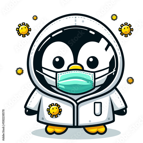 Cartoon penguin doctor in protective gear with mask. Ideal for pandemic awareness, medical safety protocols, or healthcare education.