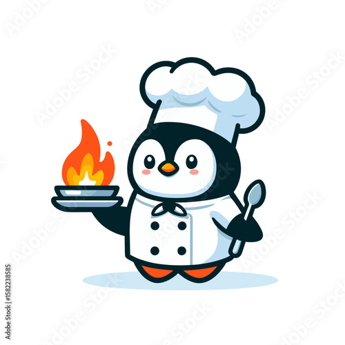 Cartoon penguin chef with flaming pan and spoon. Ideal for gourmet restaurants, cooking shows, or culinary competition promotions.