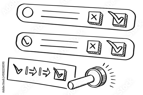 Hand drawn checklist interface elements with radio buttons, text lines, cross marks, checkmarks and a knob