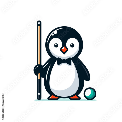 Sporty penguin with pool cue and ball. Great for billiards clubs, game rooms and recreational entertainment venue promotions.