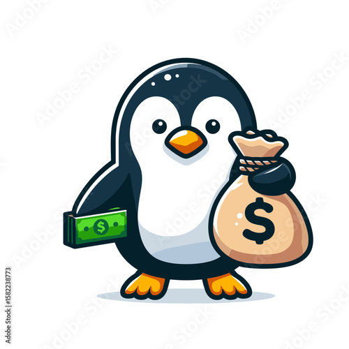 Wealthy penguin with cash and money bag. Perfect for financial planning, investment services and wealth management promotional content.