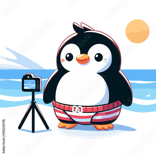 Photographer penguin with camera on tripod at beach. Excellent for photography services, travel blogs and creative visual content marketing.