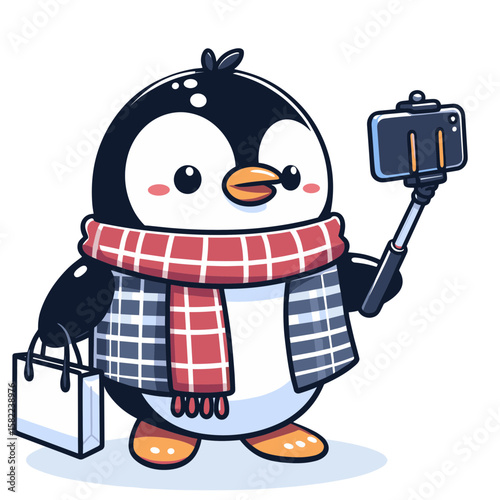 Penguin tourist with scarf taking selfie while carrying shopping bags. Great for travel blogs and shopping campaign illustrations.