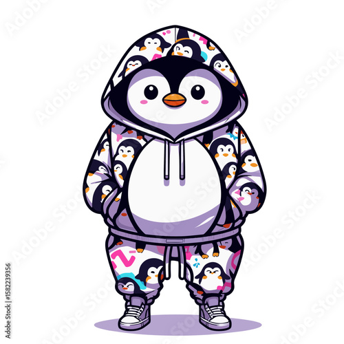 Hip penguin in colorful hoodie with urban street style. Excellent for youth fashion brands and contemporary lifestyle marketing campaigns.