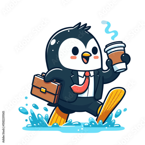 Business penguin with briefcase and coffee cup rushing to work. Great for productivity apps and morning routine lifestyle content.