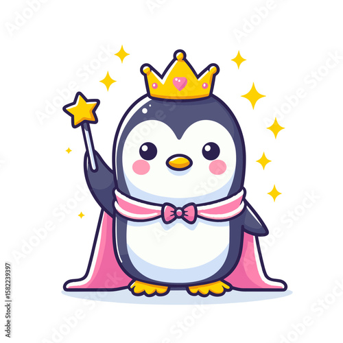 Royal penguin princess wearing golden crown and purple robe with magic wand. Ideal for children's fairy tale books and princess-themed content.