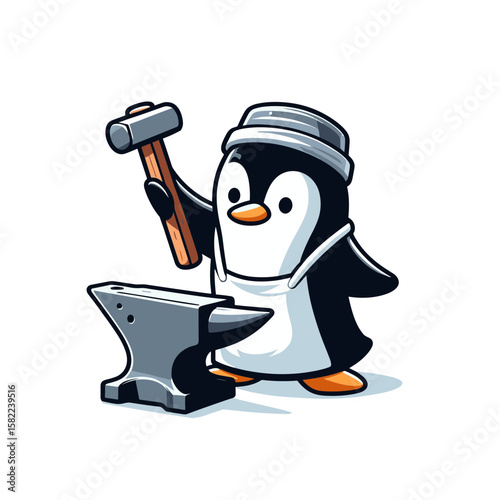 Penguin blacksmith with hammer and anvil vector illustration. Craftsman bird character for trade and profession themed designs