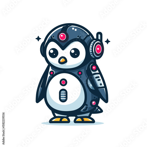 Cyber penguin with digital elements vector illustration. Futuristic bird character for technology and sci-fi themed designs