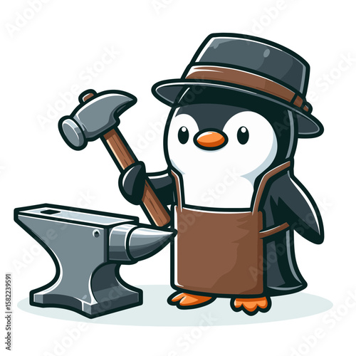 Penguin blacksmith holding hammer next to anvil in a cute and cartoonish style