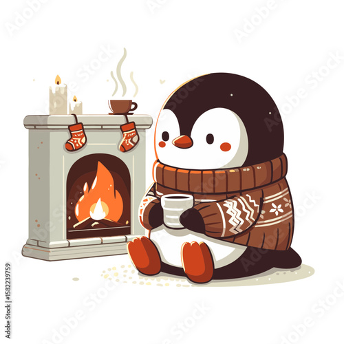 Cozy penguin by fireplace vector illustration. Warm winter bird character for comfort and seasonal home themed designs