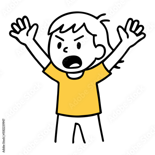 Angry Girl with Raised Arms and Shouting Expression. Frustrated Expression, Bold Emotion Hand-Drawn Doodle Art Style Vector Illustration