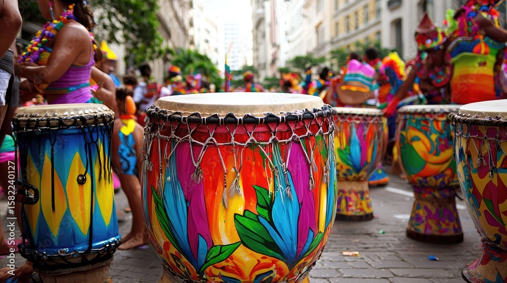 Fototapeta premium Carnival drum decorated with vivid colors resting on parade street, copy area above