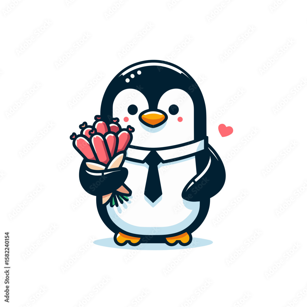Fototapeta premium Charming penguin in a suit holding a bouquet of sausages, in a playful and humorous cartoon design