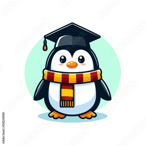 Student penguin with graduation cap vector illustration. Academic bird character for school and educational achievement designs