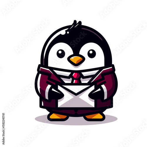 Penguin in a tuxedo holding an envelope, cheerful and dressed for a formal event.