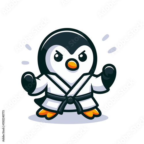 Penguin karate fighter in a white gi with a black belt, fierce and ready to spar.