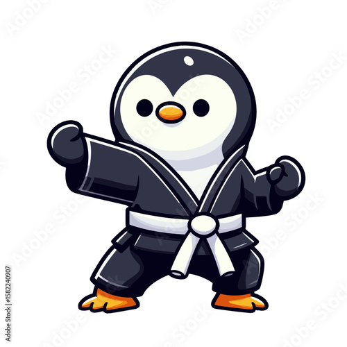 Penguin karate master in a black gi, cheerful and posing for a martial arts demonstration.
