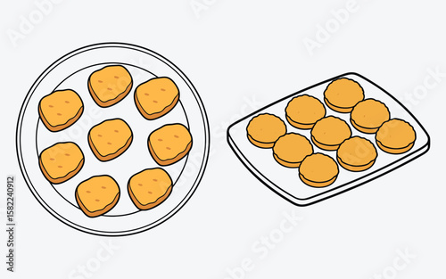 Cartoon illustration of chicken nuggets on a plate and baking tray
