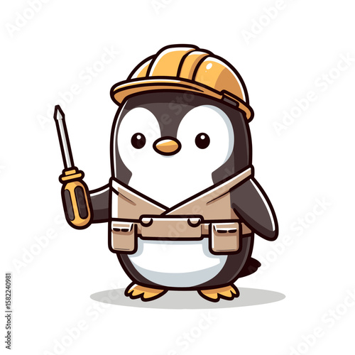 Construction penguin with hard hat and screwdriver. Perfect for building contractors and construction service marketing.