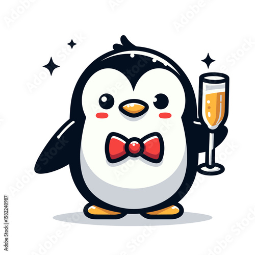 Elegant penguin with bow tie and champagne. Perfect for luxury events and high-end hospitality marketing.