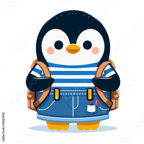 Penguin in a striped shirt and overalls with backpacks, cheerful and ready for adventure.