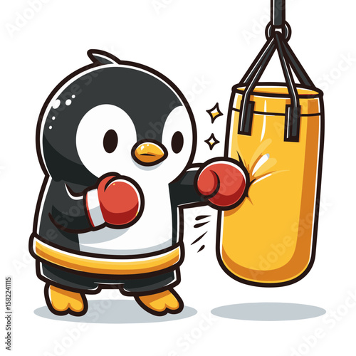 Boxing penguin with gloves and punching bag. Great for boxing gyms and fitness training marketing materials.