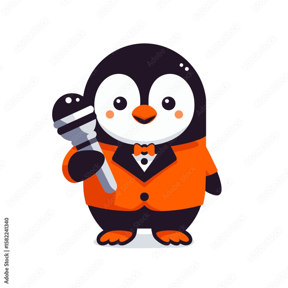 Obraz premium Penguin performer in an orange tuxedo holding a microphone, cheerful and ready to entertain.