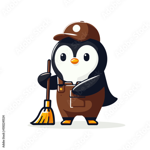 Penguin janitor with brown uniform and cleaning broom equipment. Great for cleaning services, janitorial companies, facility maintenance and hygiene industry marketing.